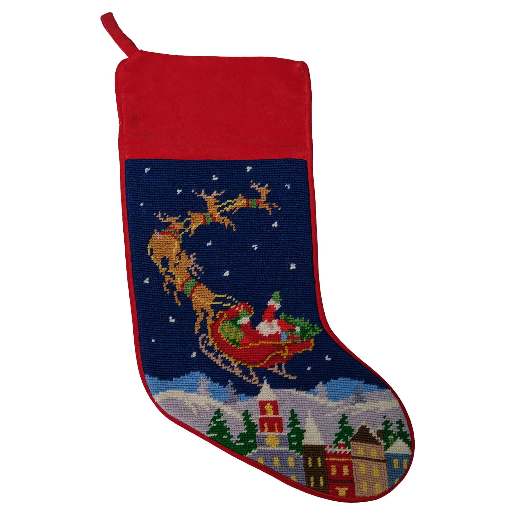 Festive Santa and Reindeer Wool Needlepoint Christmas Stocking