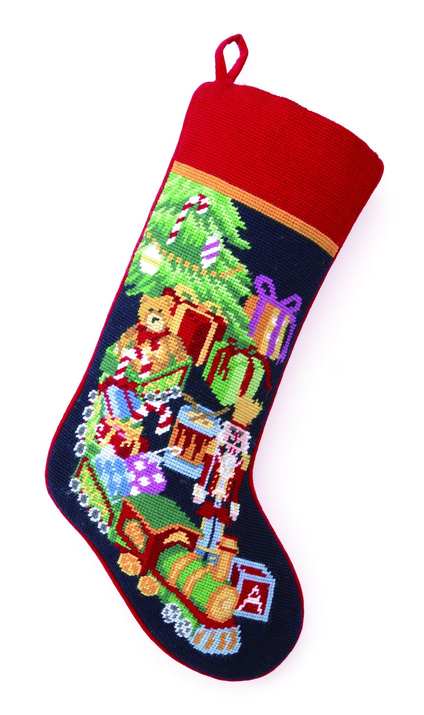 Festive Red and Multicolor Wool Needlepoint Christmas Stocking