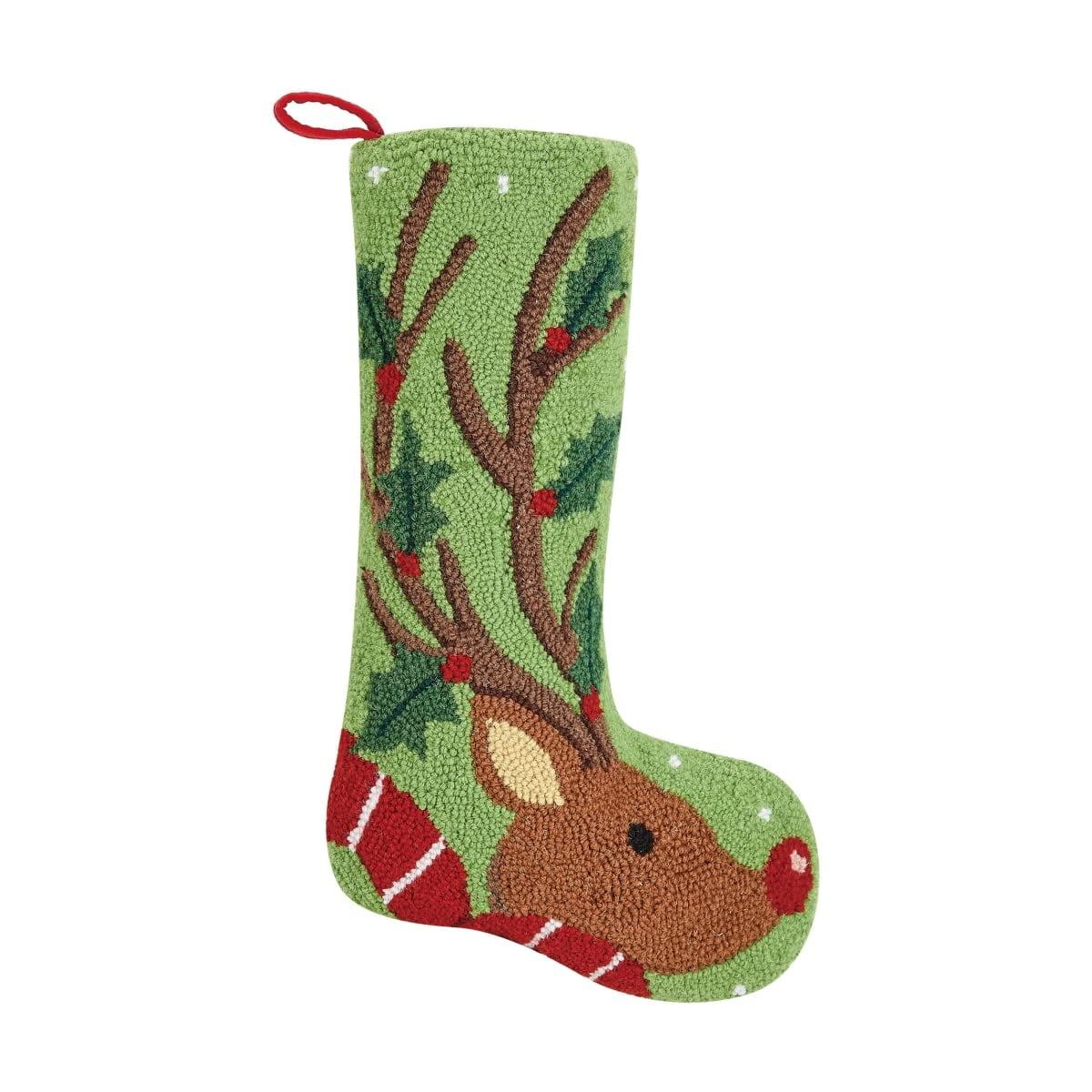 Festive Green Wool Reindeer Christmas Stocking with Hook