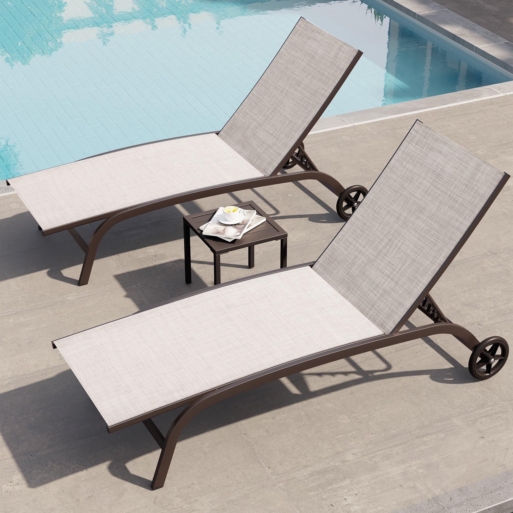 Crestlive Products Set of 3 Outdoor Adjustable Chaise Lounge Chairs with End Table, Beige