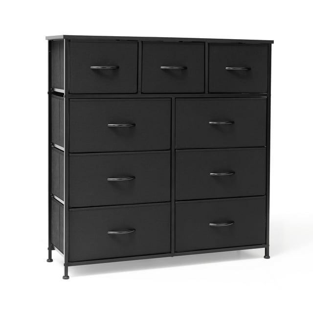 DUMOS Dresser for Bedroom, Storage Organizer with 9 Drawers, Chest of Drawers with Fabric Bins, Sturdy Metal Frame, Wood Tabletop for Guest Room, Closet, Entryway, Nursery