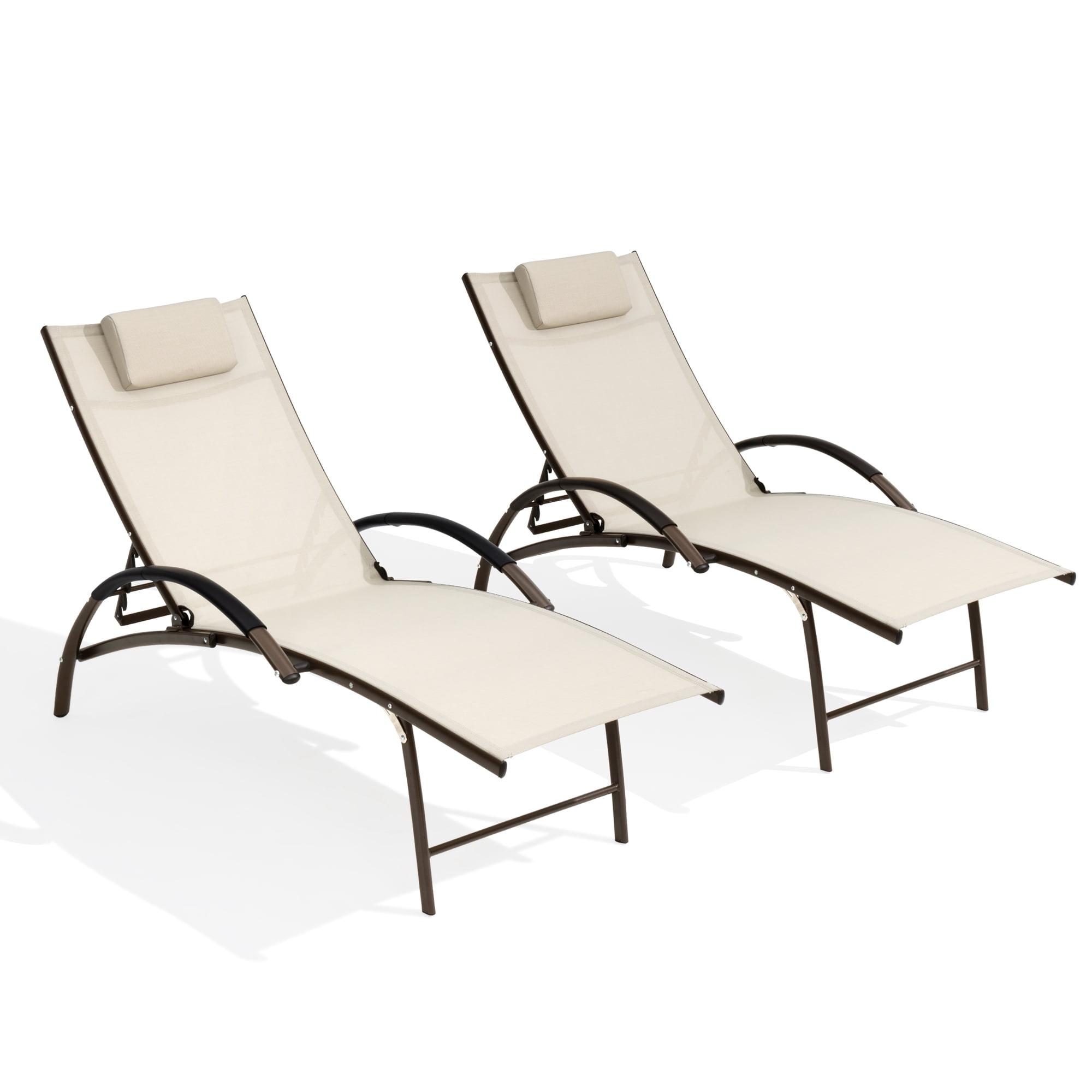 Tan and Brown Metal Adjustable Chaise Lounger Set with Cushions