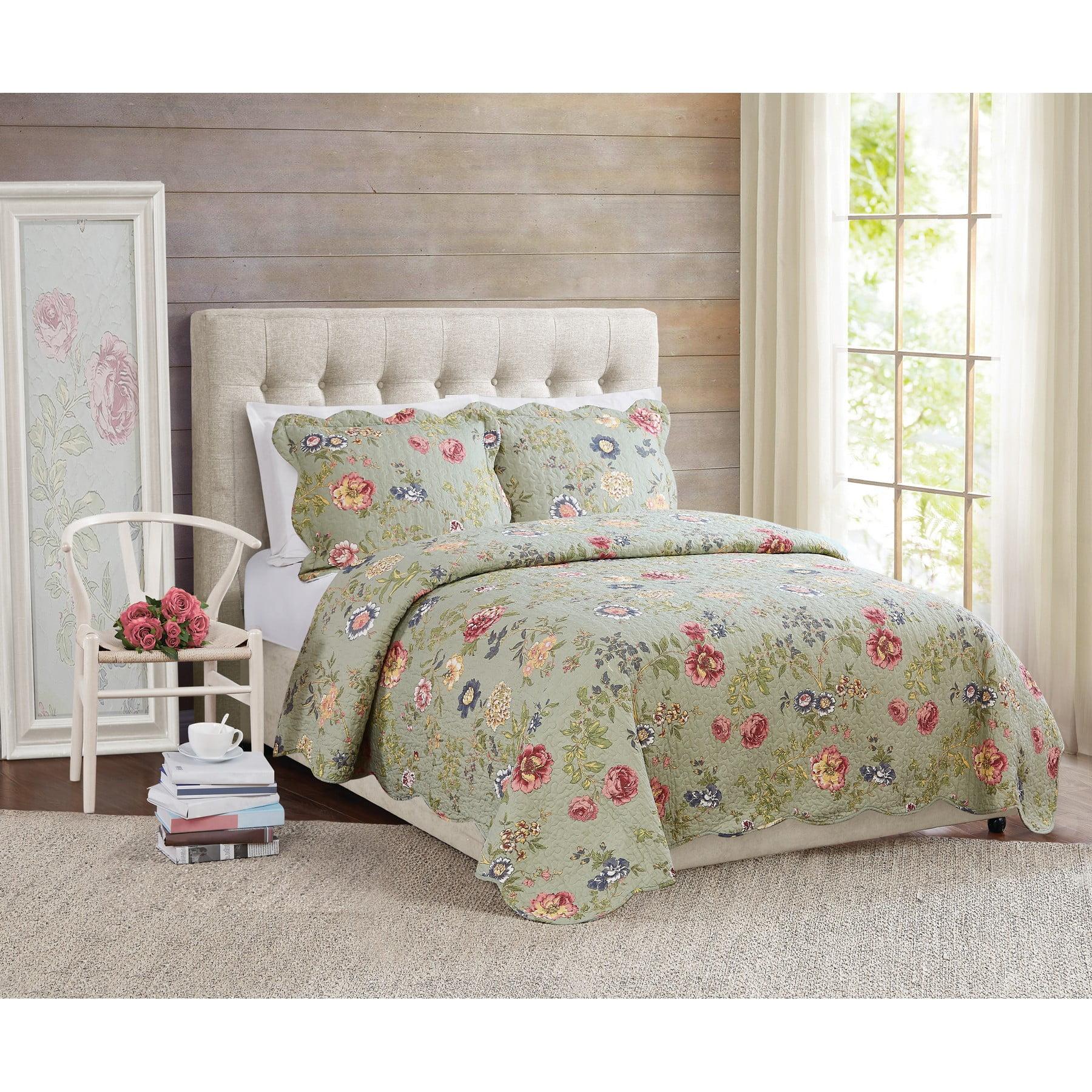 Full Sage Green Cotton Quilt Set with Floral Design