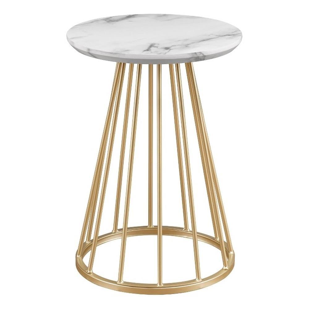 16" Modern Wood Side Table with Metal Caged Base - White Marble / Gold