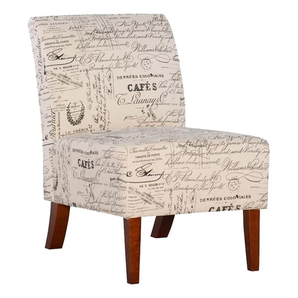 Beige Script Linen Upholstered Slipper Chair with Dark Walnut Legs