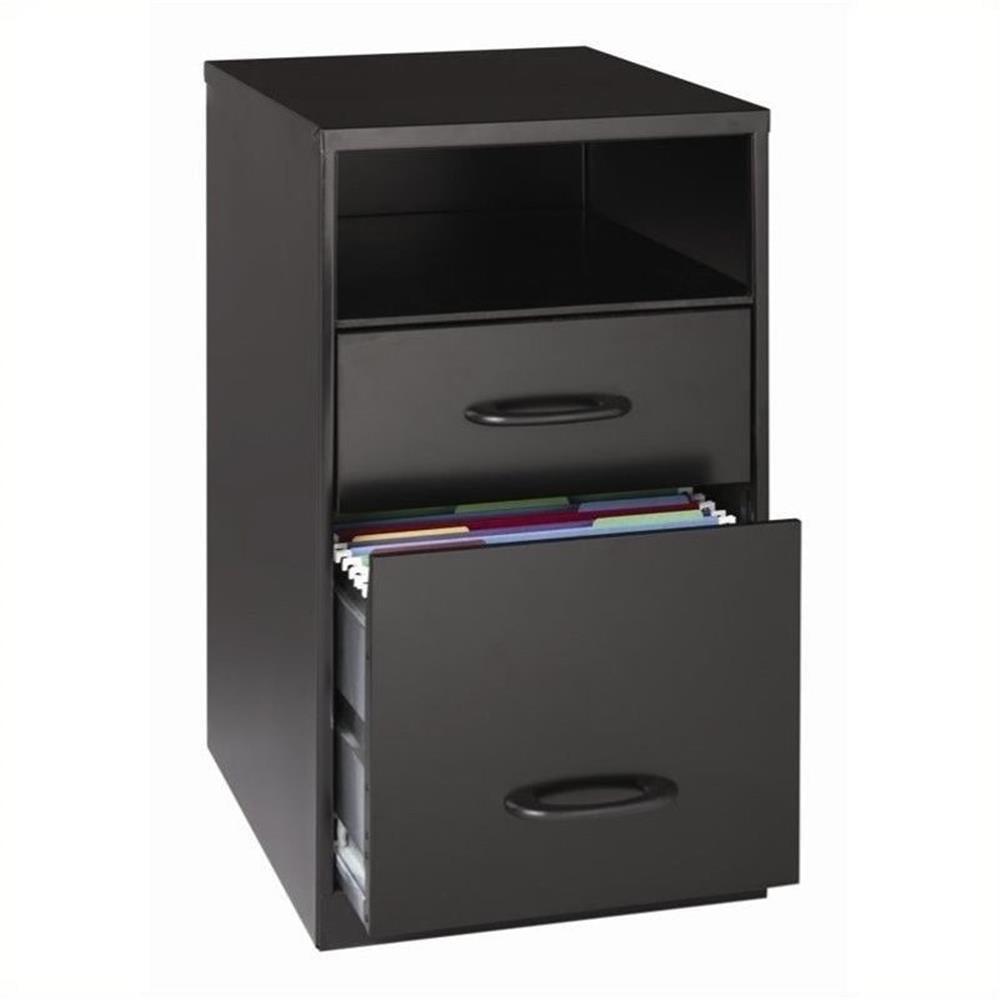 Black Metal 2-Drawer Lockable File Cabinet with Open Shelf