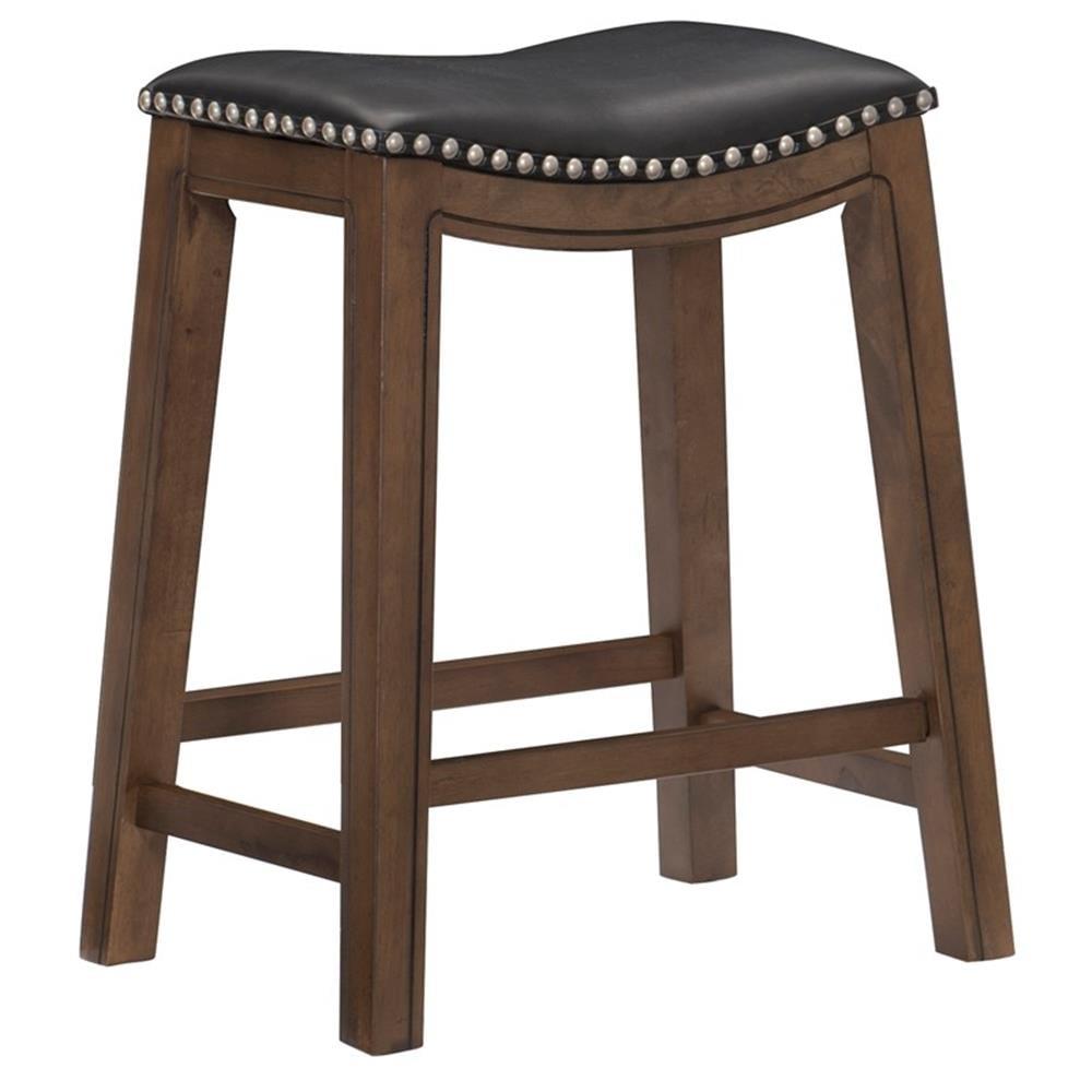 Transitional 24" Black Faux Leather Saddle Counter Stool with Nailhead Trim