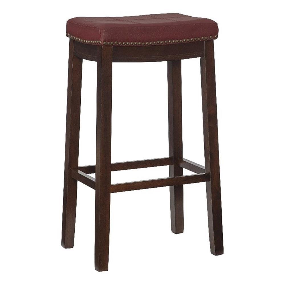 Elegant Dark Brown Wood & Red Leather 32'' Bar Stool with Antique Brass Details