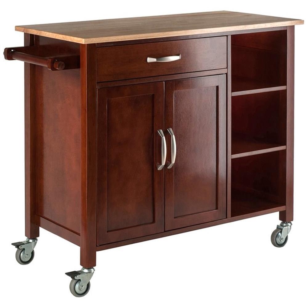 Mabel Walnut and Natural Wood Kitchen Cart with Storage