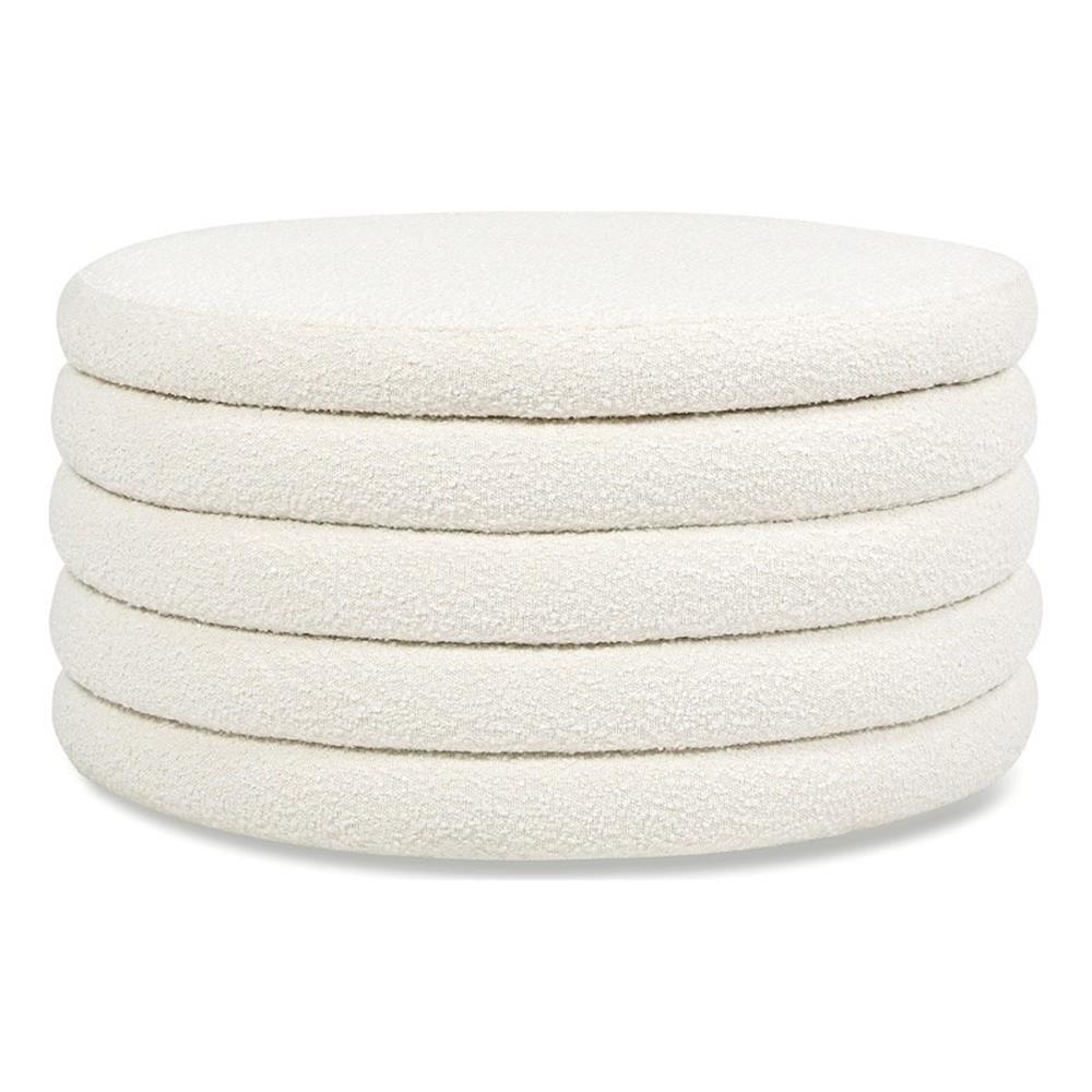 Ivory White Boucle Tufted Round Cocktail Ottoman with Storage