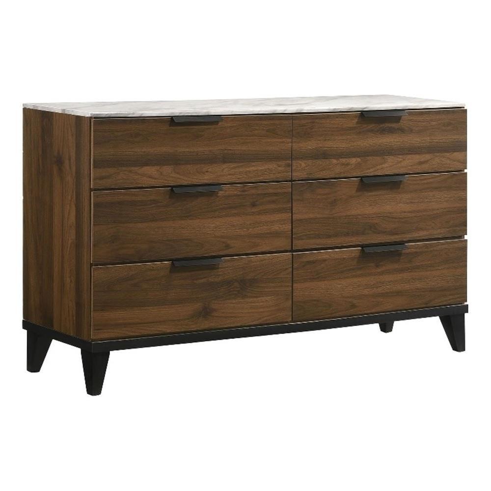 Walnut Brown 6-Drawer Dresser with Faux Marble Top