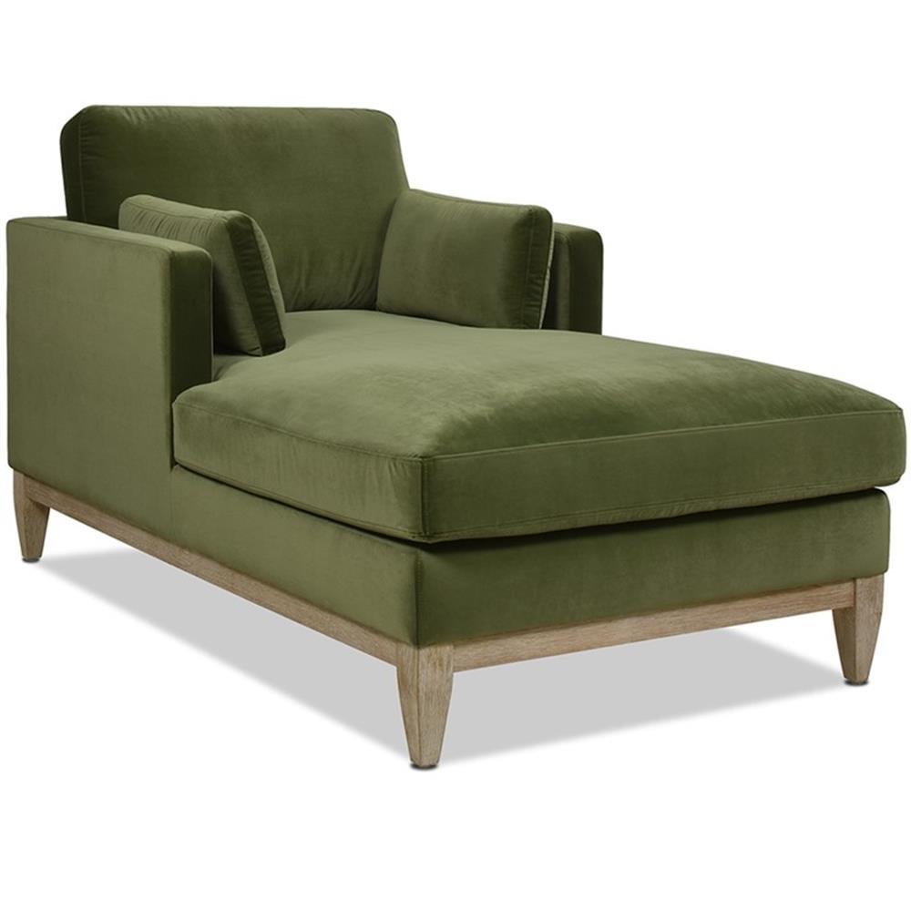 Olive Green Velvet and Wood Chaise Lounge Chair