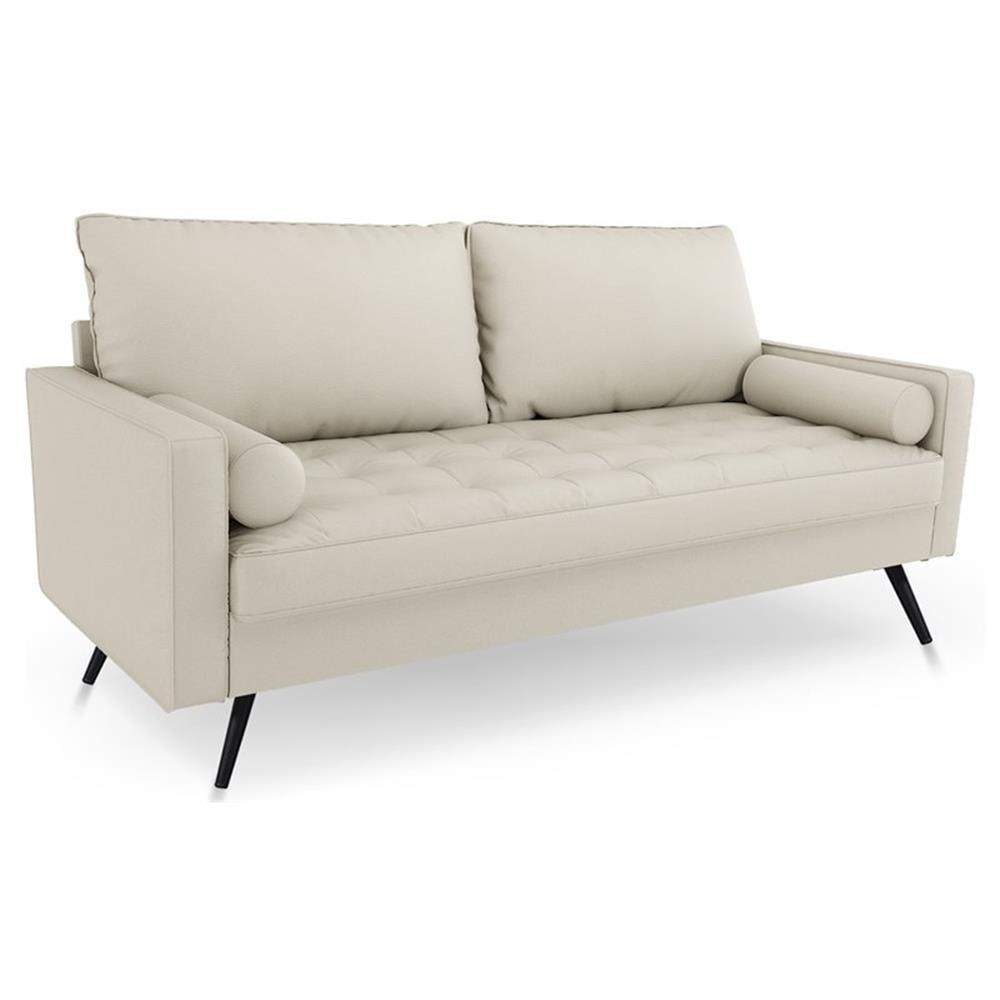 White Tufted Fabric Sofa with Track Arms and Wood Frame