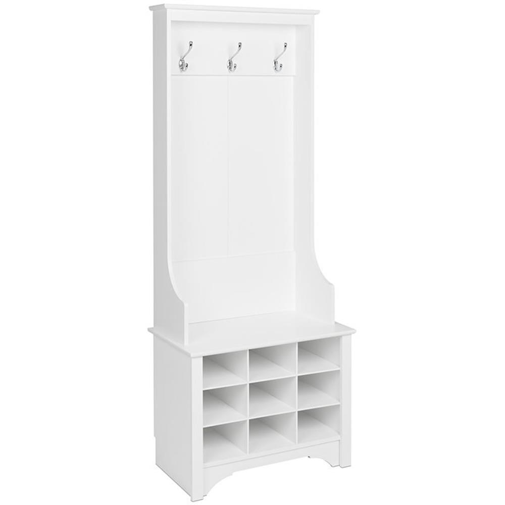 27" Narrow Hall Tree with 9 Shoe Cubbies White - Prepac: Modern Entryway Organizer, Mudroom Storage, Metal Hooks