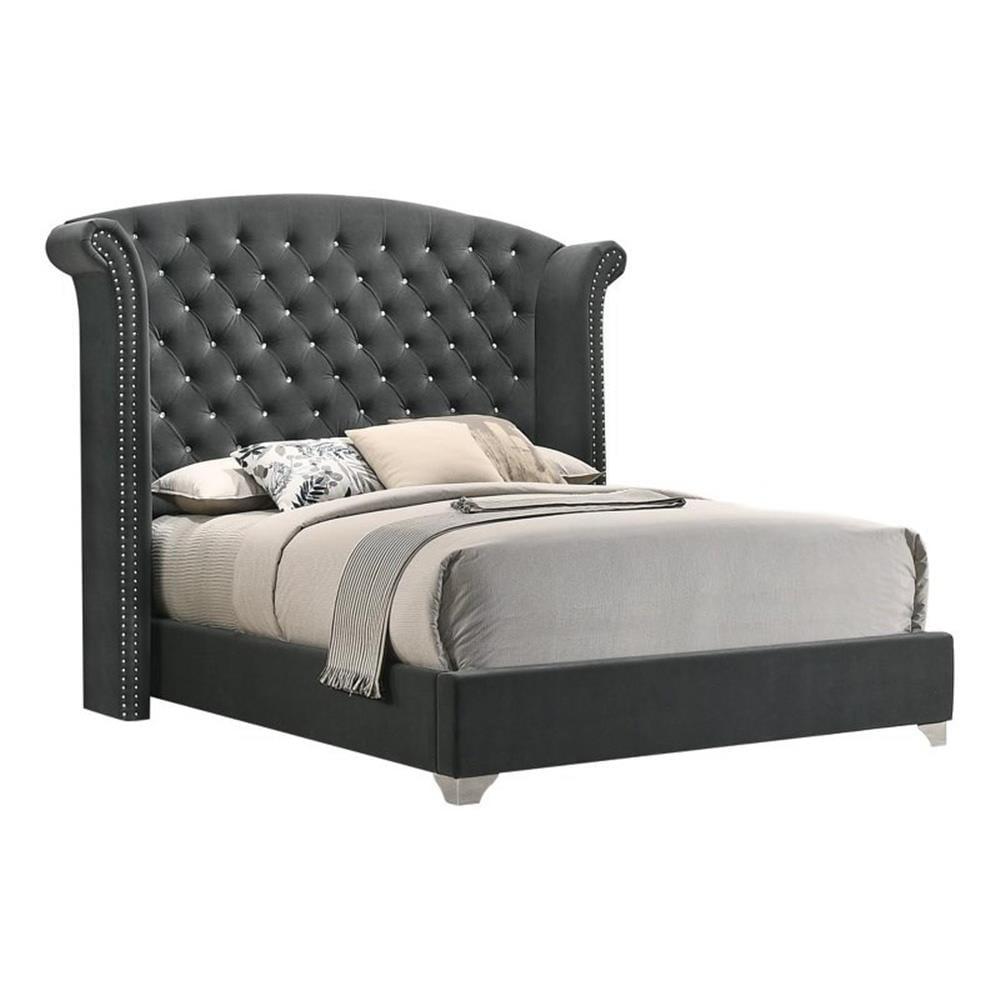 Gray Velvet Queen Upholstered Wingback Bed with Nailhead Trim