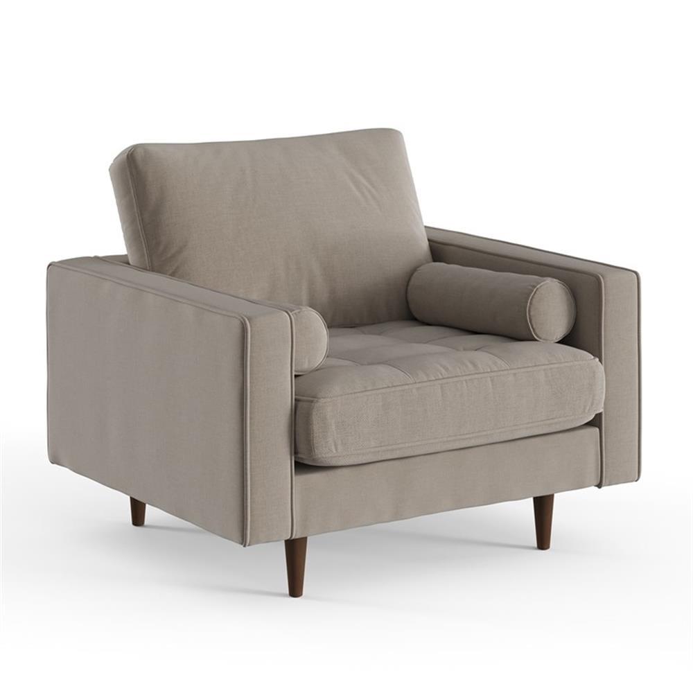 Gray Velvet Upholstered Armchair with Dark Brown Wood Legs