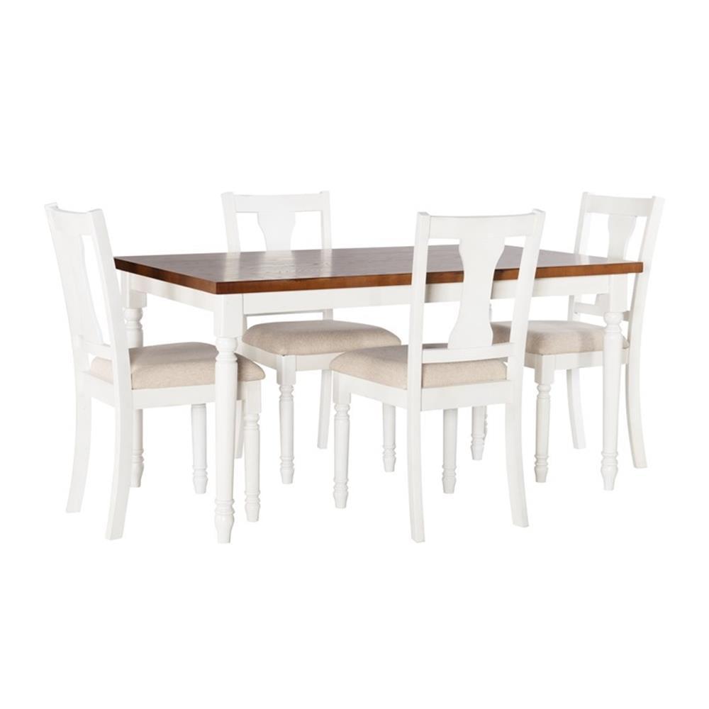 Vanilla White and Honey Brown Farmhouse Dining Set with Upholstered Chairs