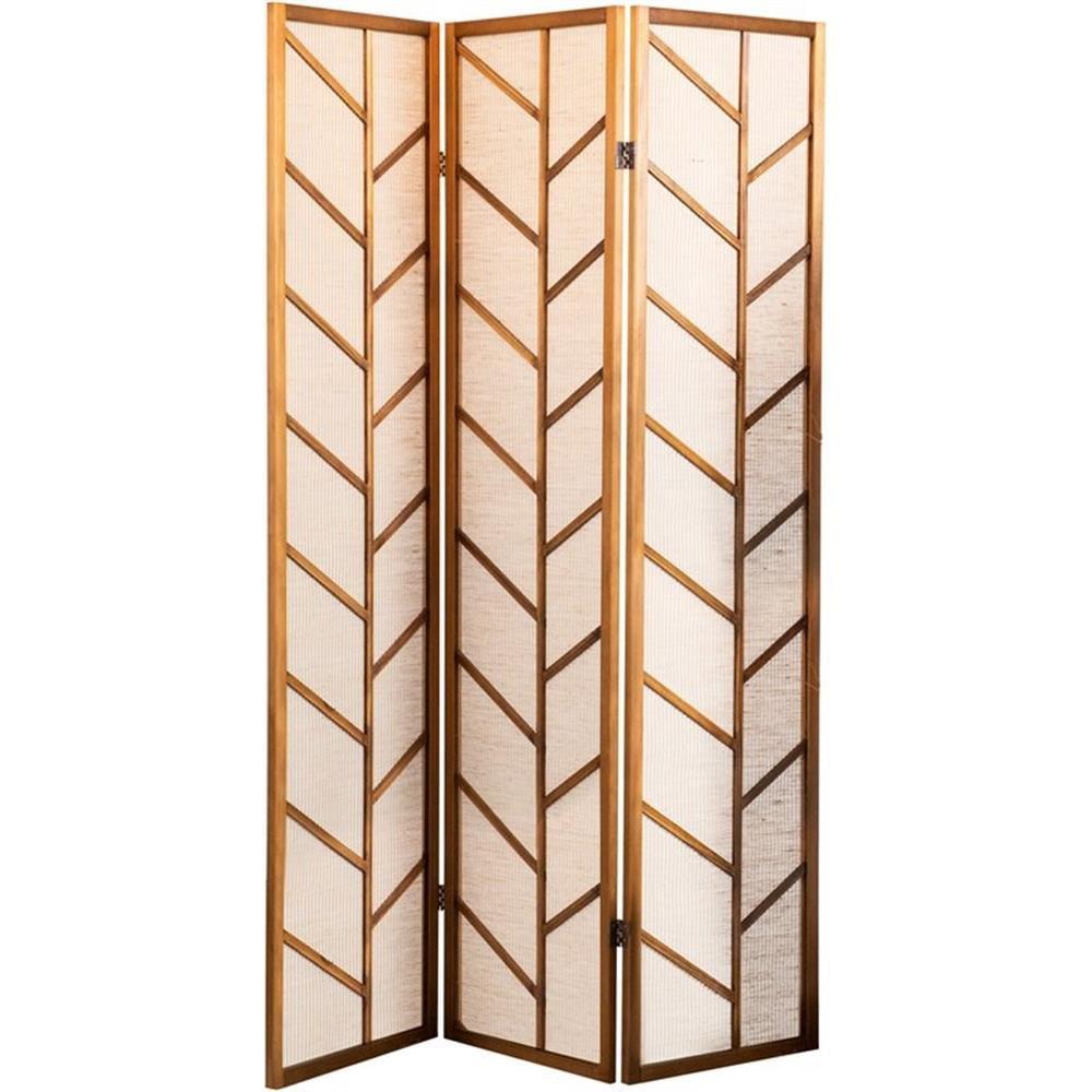 Walnut and Linen 3-Panel Folding Screen with Pine Frame