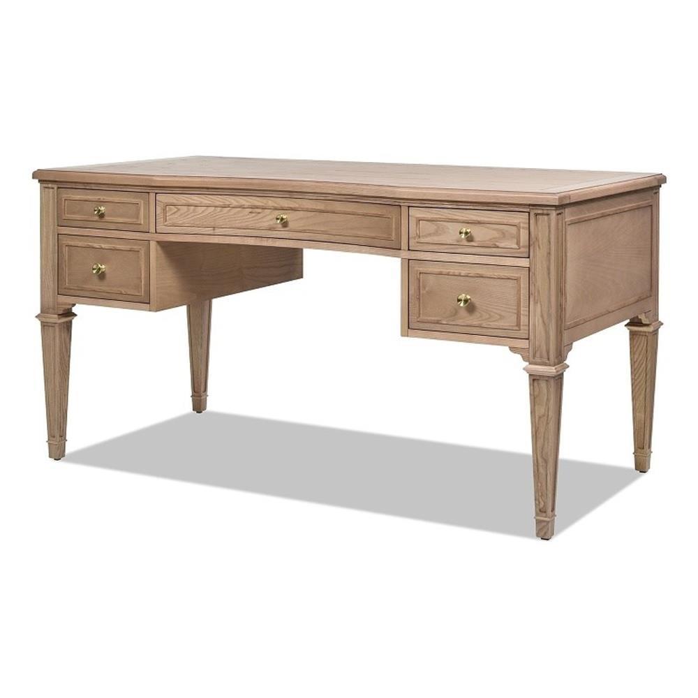 Natural Brown Wood Executive Desk with Gold Accents and Drawers