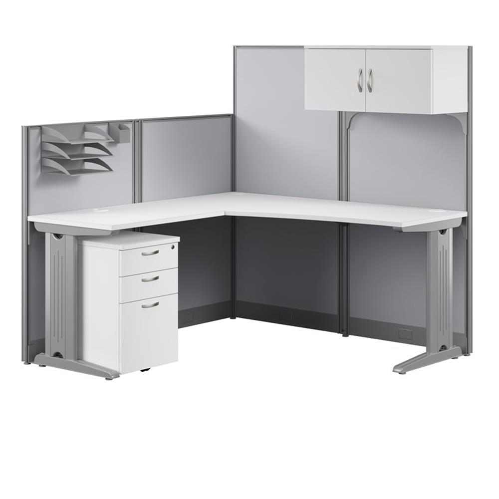 Pure White L-Shaped Wood Computer Desk with Filing Cabinet