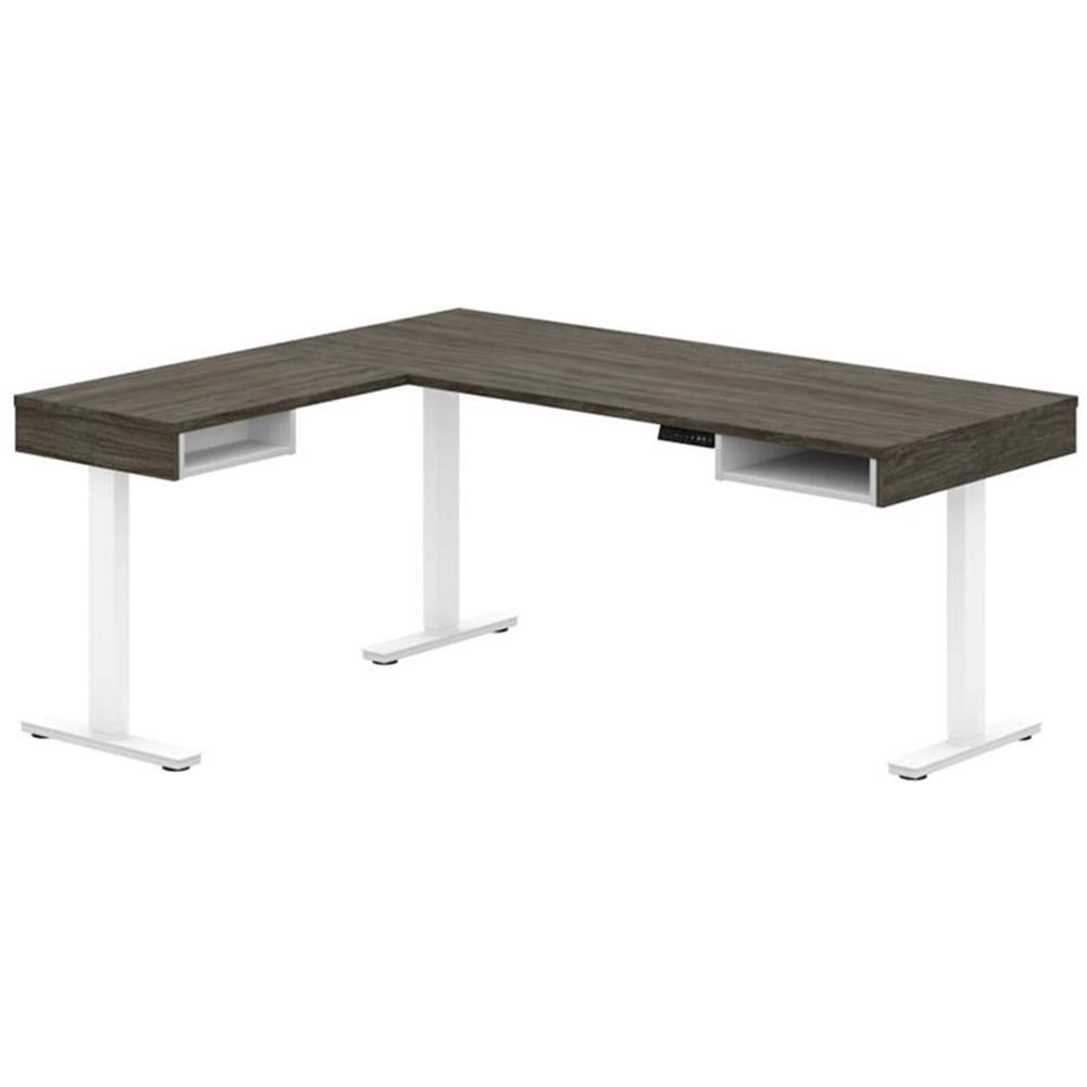 Bestar Pro-Vega L Shaped Adjustable Standing Desk in Walnut Gray and White