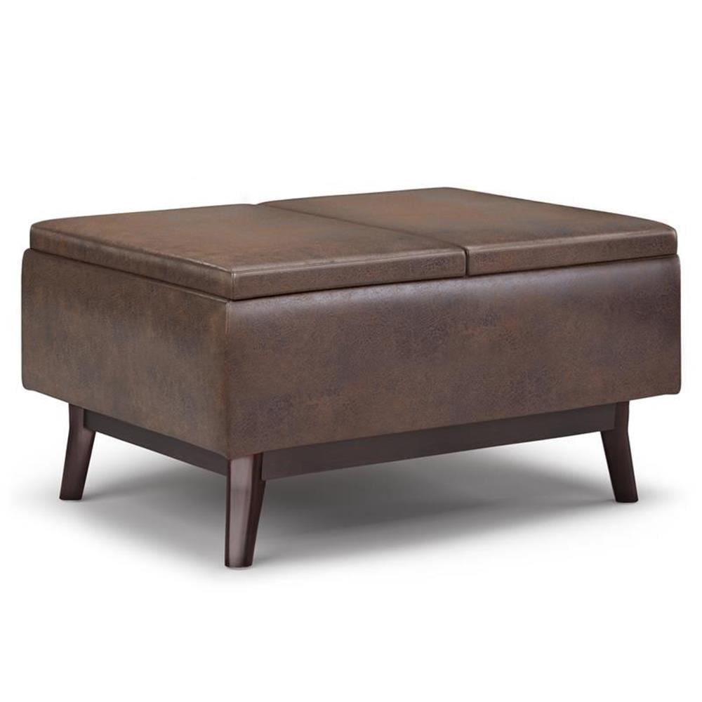 Mid-Century Brown Faux Leather Storage Ottoman with Wood Legs