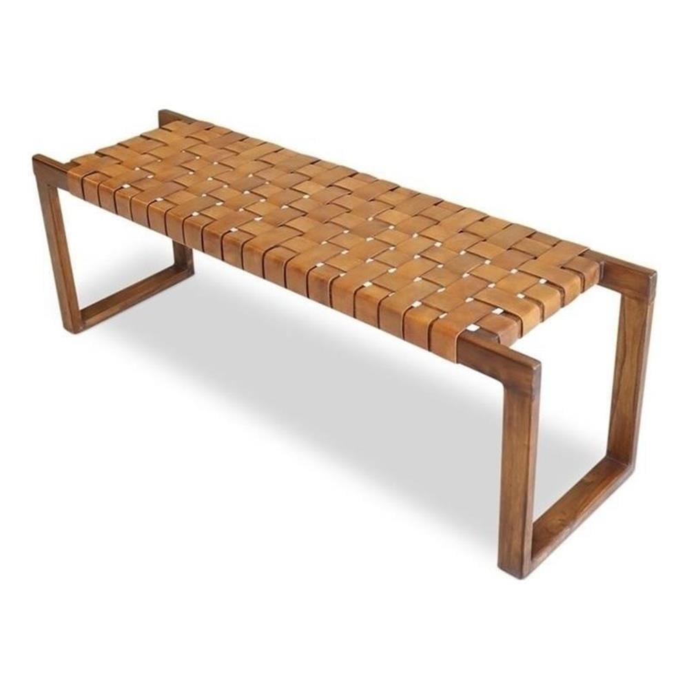 Mid-Century Tan Genuine Leather and Teak Bench