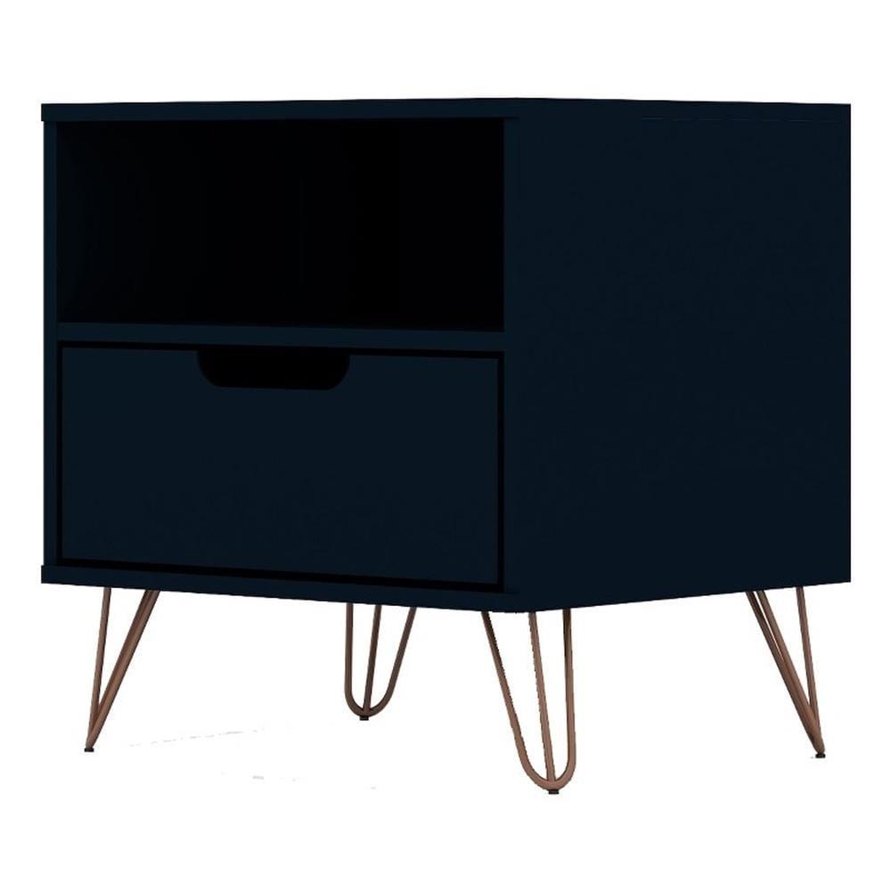 Manhattan Comfort 1.0 Rockefeller Nightstand Blue: Modern Bedside Table with Storage, Shelving & Metal Glides