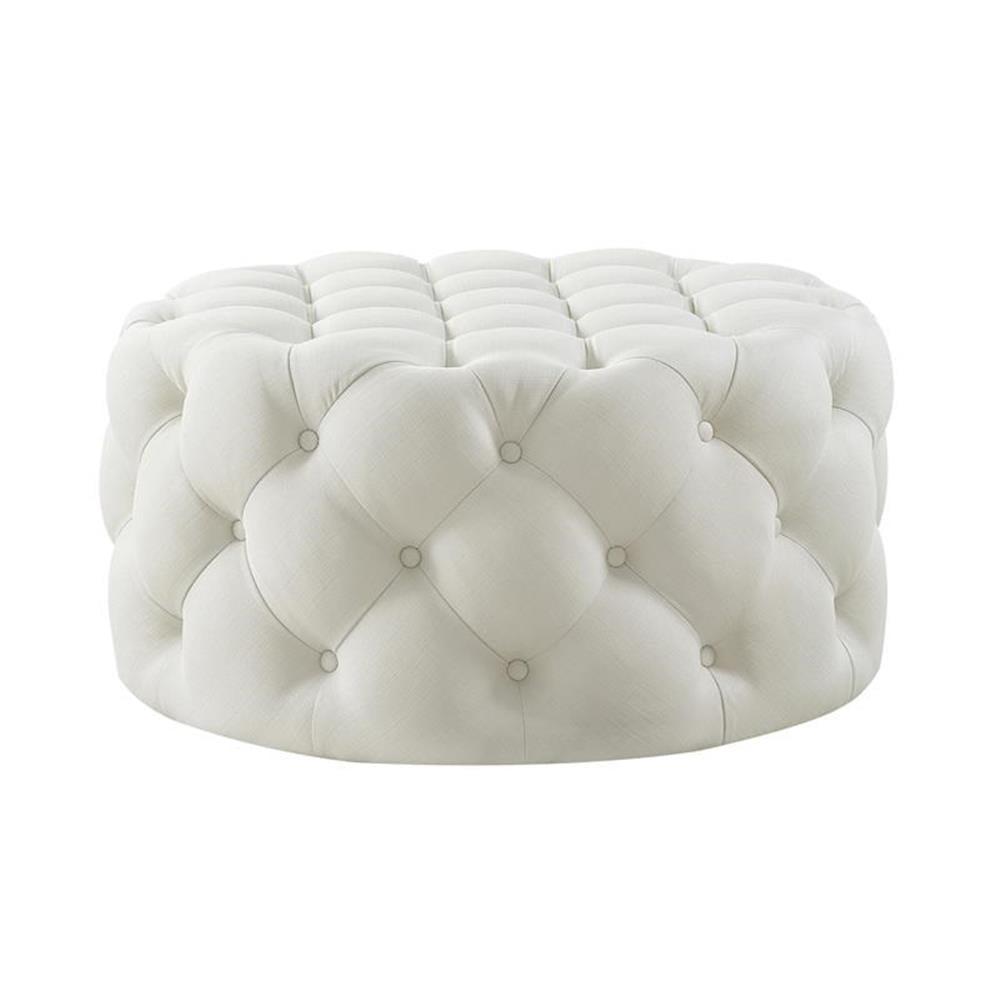 Cream Tufted Round Linen Cocktail Ottoman with Casters