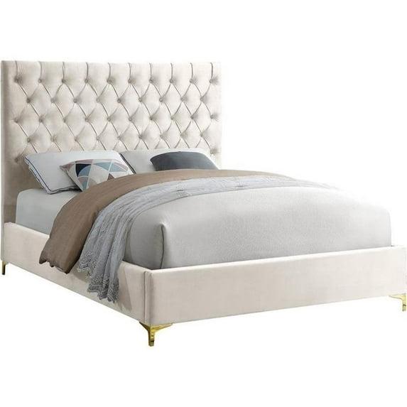 Pemberly Row Modern Solid Wood Tufted Velvet Queen Bed in Cream