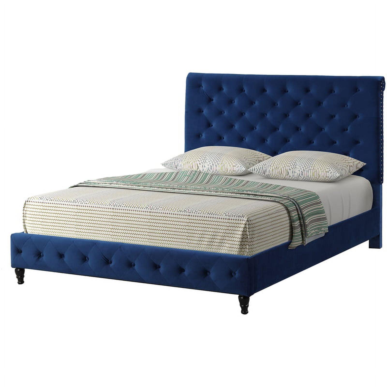 Royal Blue Velvet Tufted King Platform Bed with Nailhead Trim