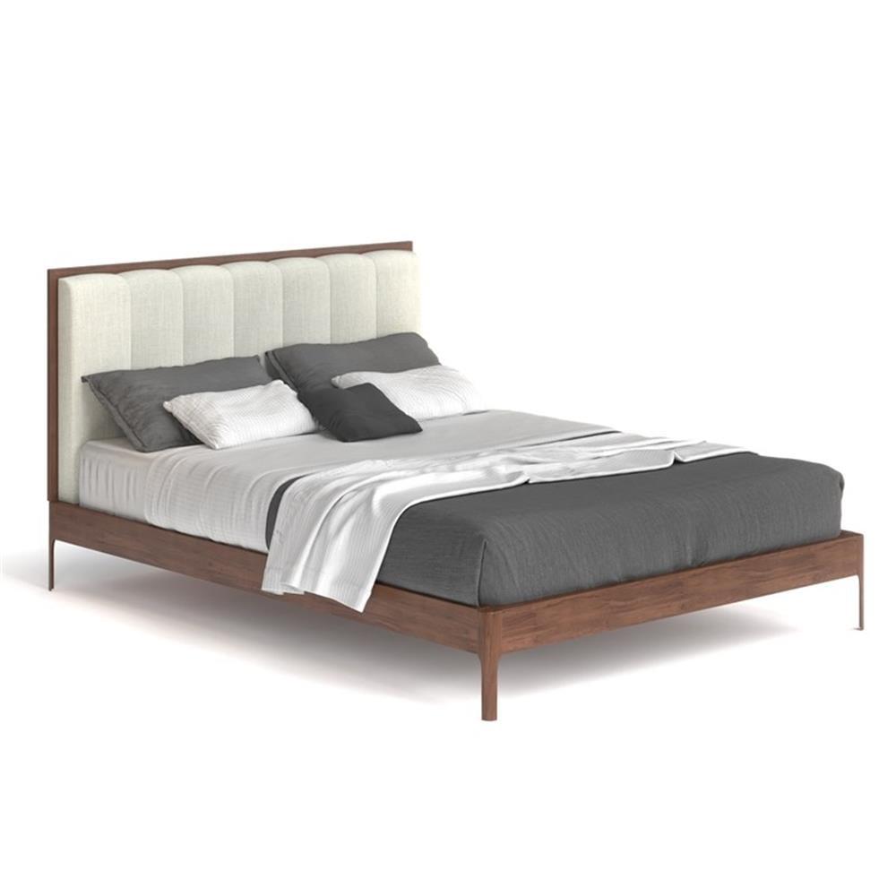 Walnut Full Bed with Off-White Tufted Upholstered Headboard