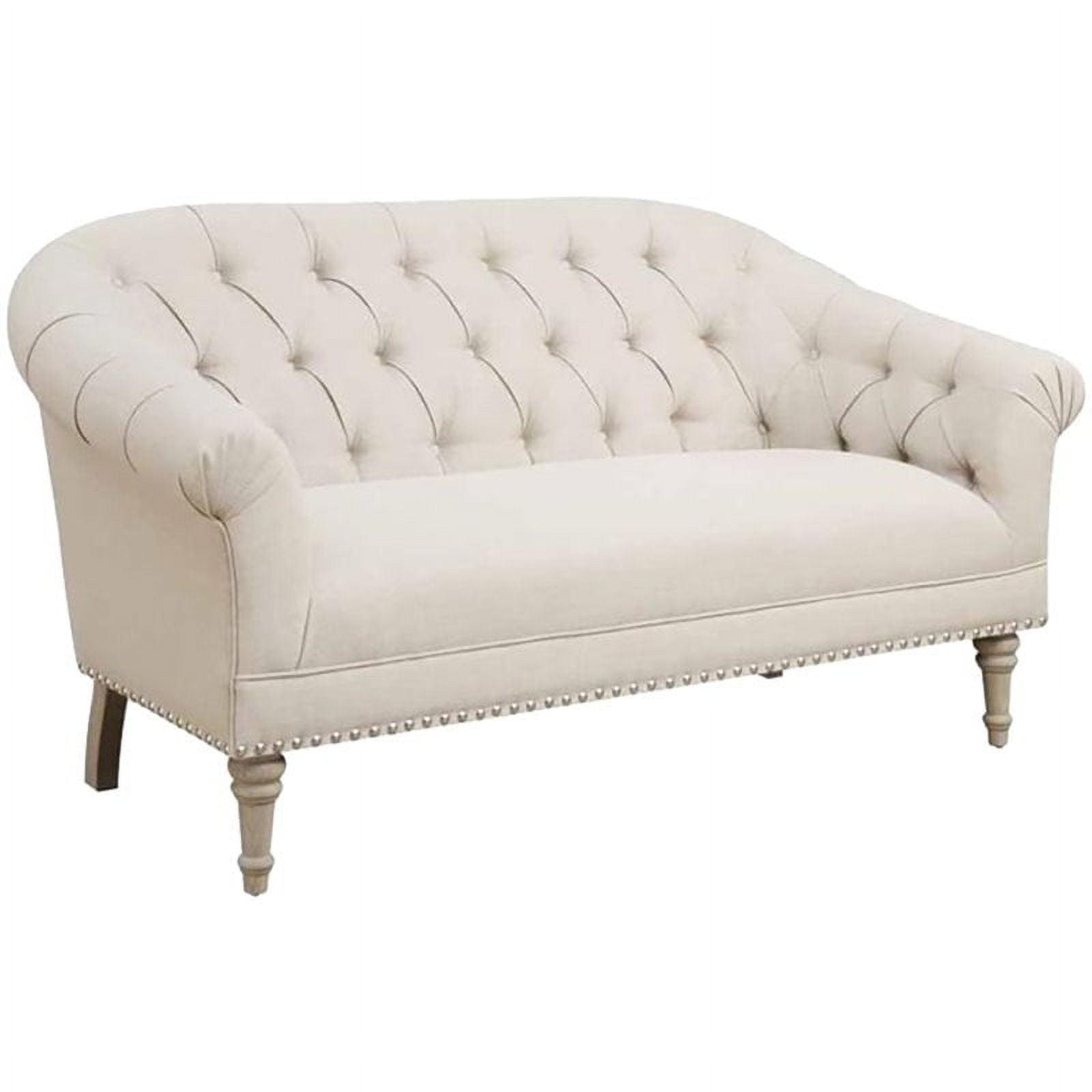 Elegant Transitional Tufted Loveseat with Nailhead Detail in Natural Gray