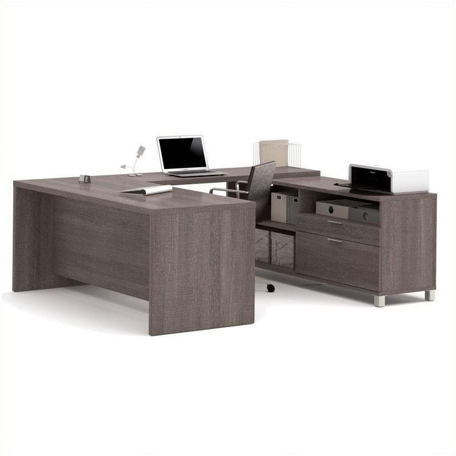 Bark Grey Contemporary U-Shaped Executive Desk with Filing Cabinet