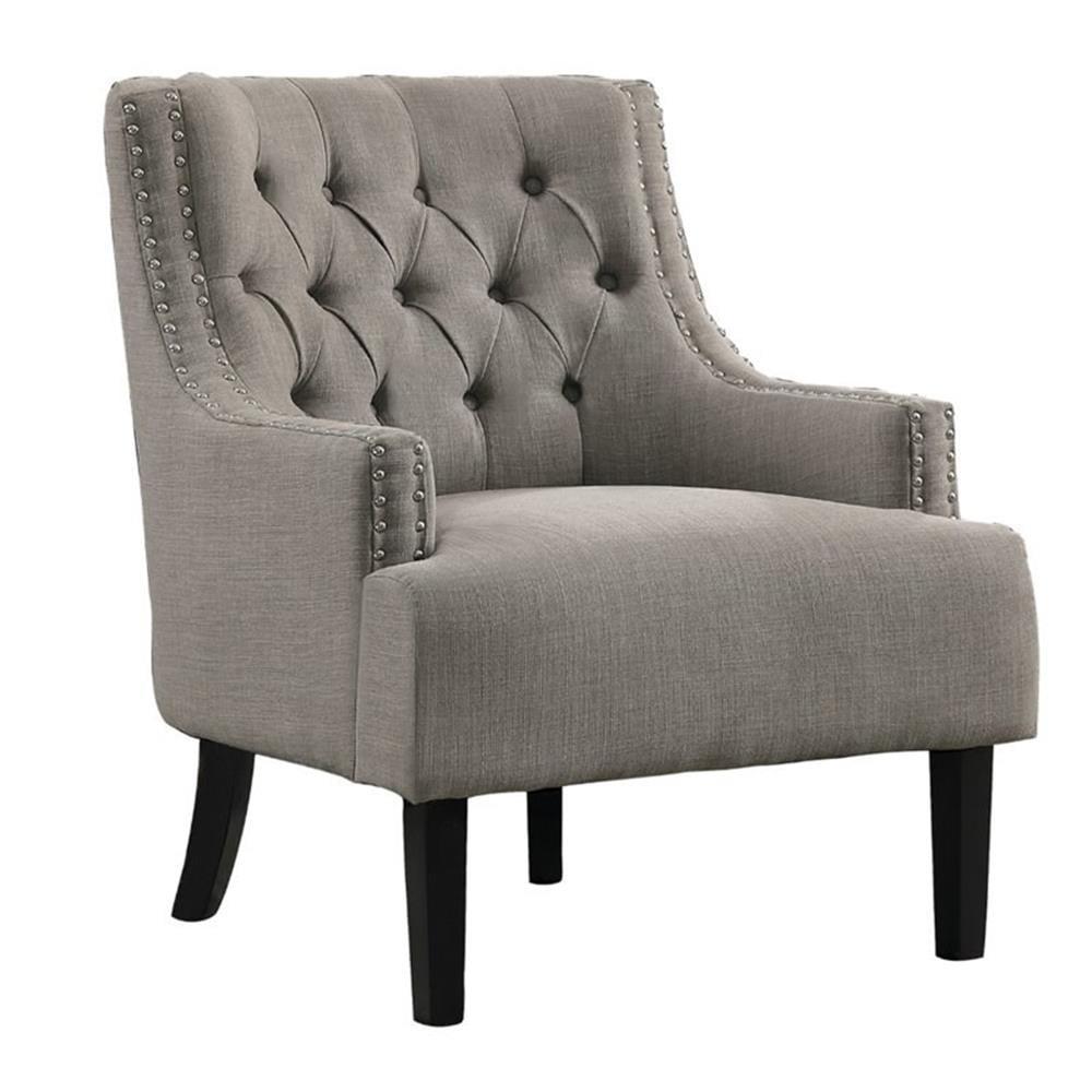 Gray Upholstered Armchair with Nailhead Trim and Espresso Legs