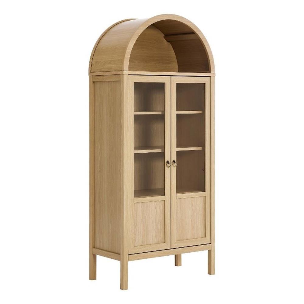 Oak Tall Storage Cabinet with Arched Top and Glass Doors