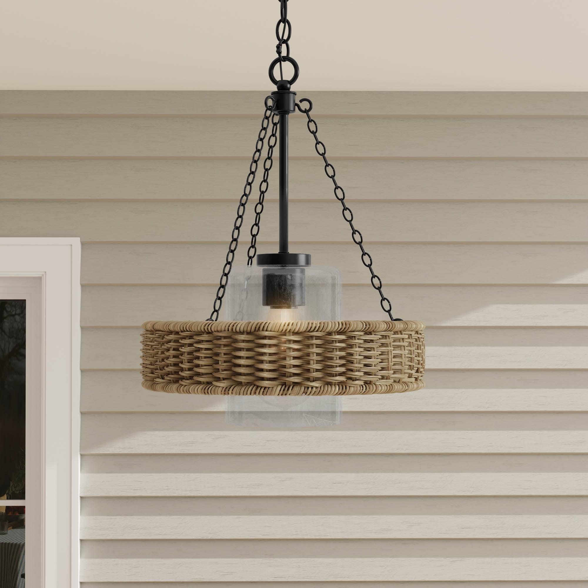 Progress Lighting Pembroke 1-Light Outdoor Wall Light, Matte Black, Rattan and Seeded Glass Shade