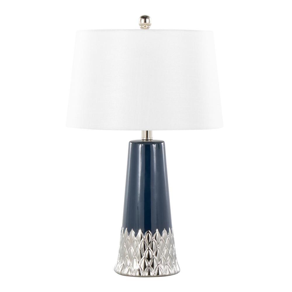 LumiSource Penelope 22" Contemporary Dark Blue and Silver Ceramic Table Lamp: UL Listed, Linen Drum Shade, 60W