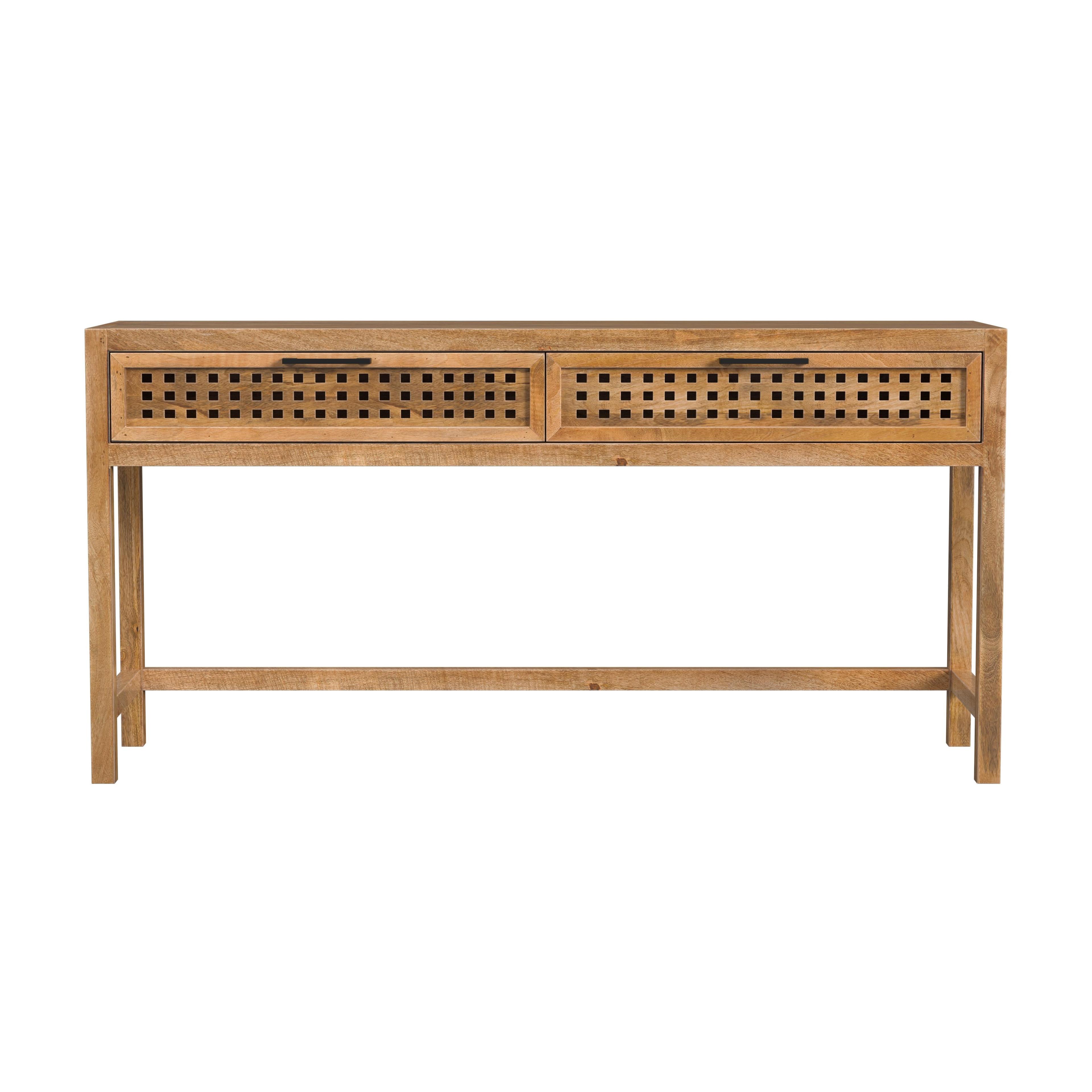 Coastal Charm 60'' Brown Mango Wood Console Table with Mirrored Fretwork