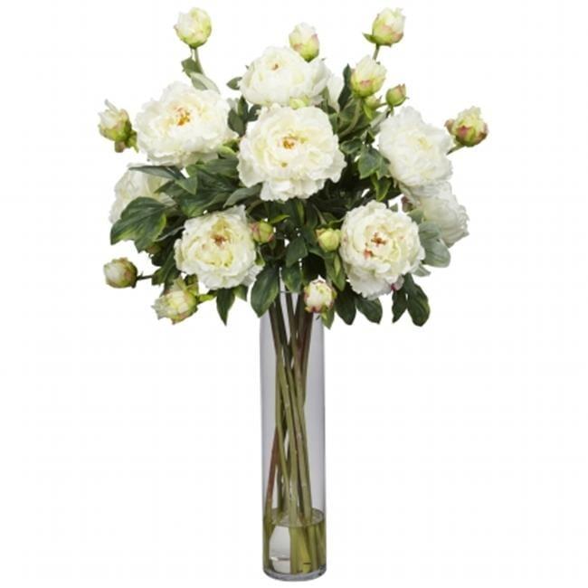 White Silk Peony Arrangement with Glass Vase