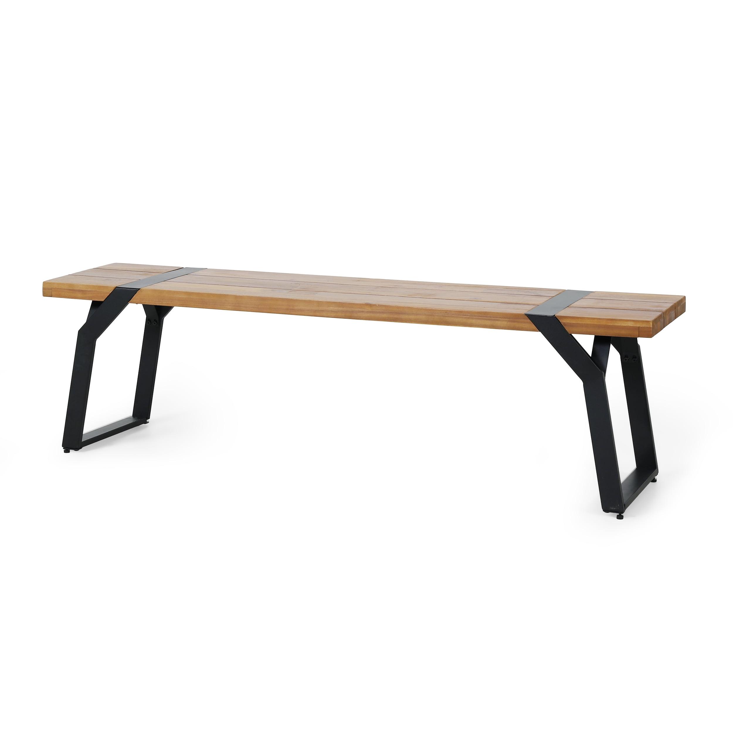 Sleek Black Metal and Teak Wood 63'' Outdoor Bench