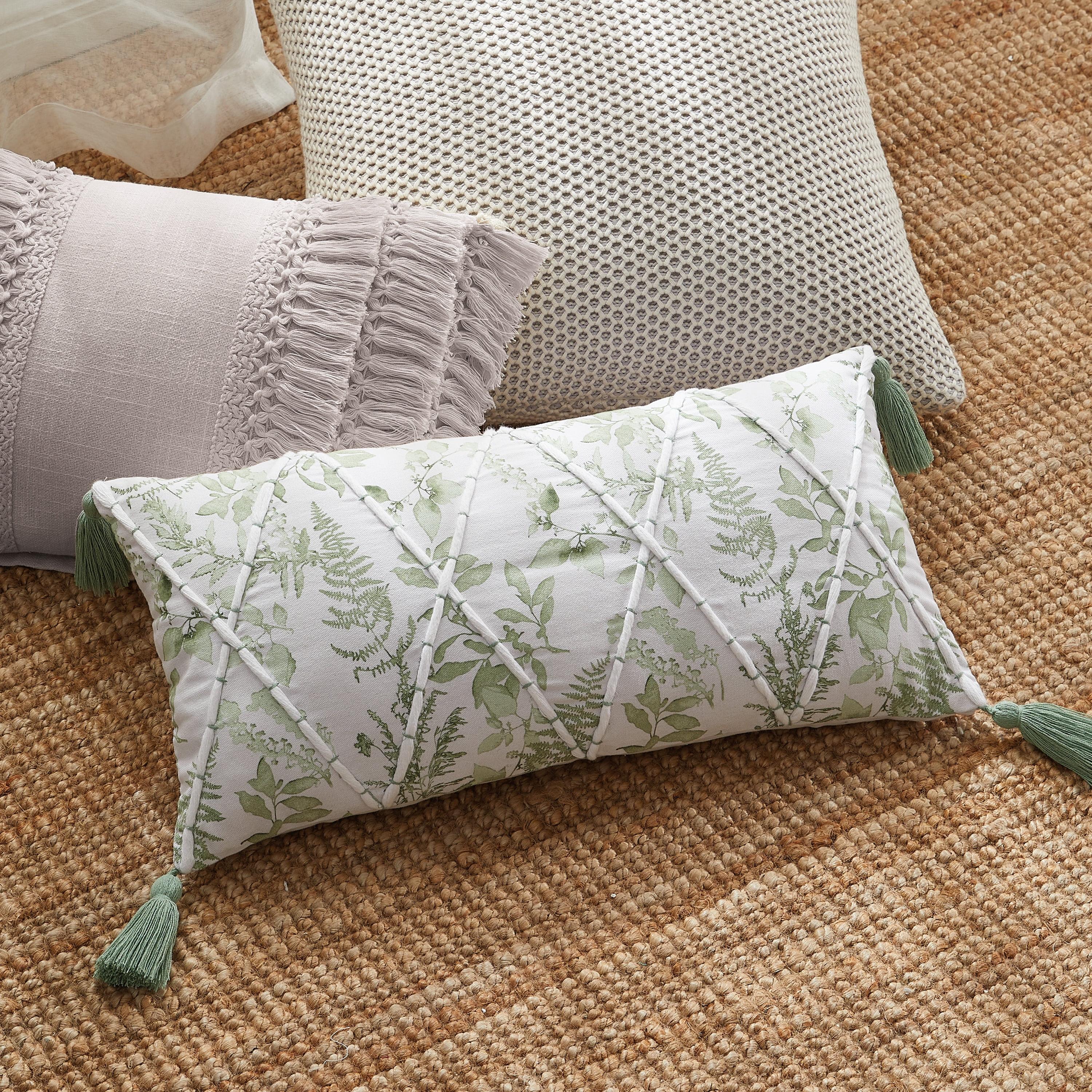 Sage Green Botanical Fern Cotton Decorative Pillow with Tassels, 11"x22"