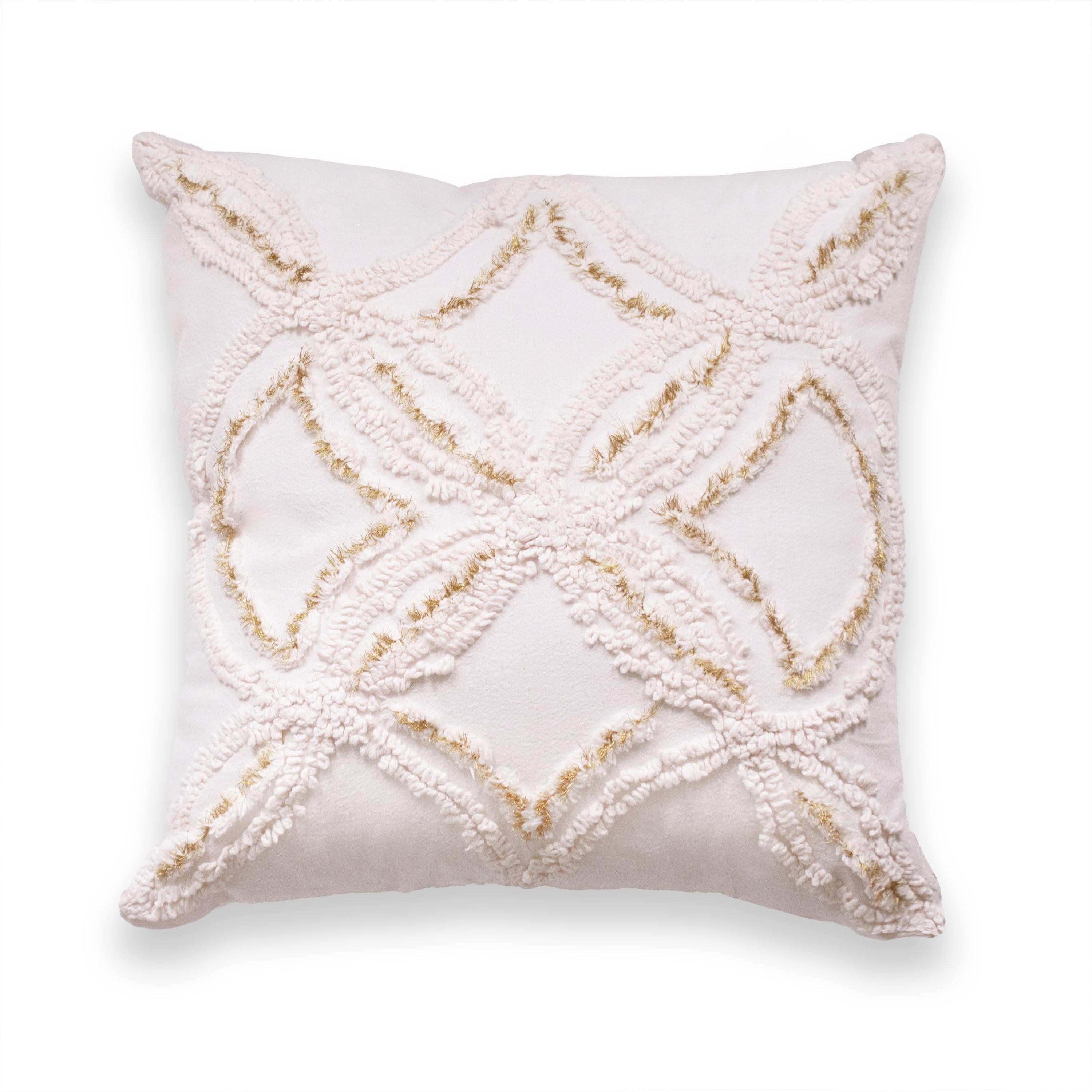 Blush Chenille Tufted Square Decorative Pillow with Metallic Accents