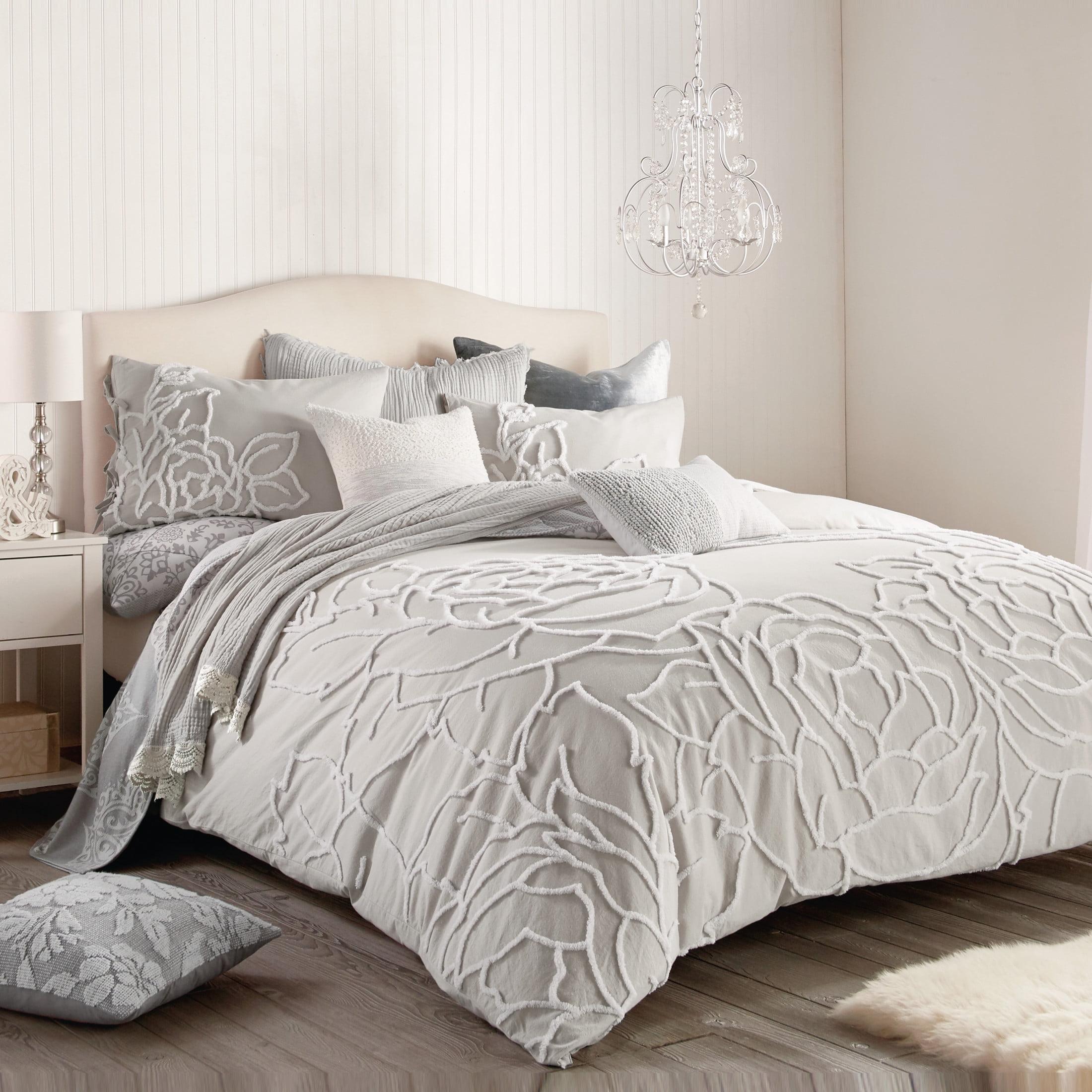 Full Gray Cotton Chenille Rose Comforter Set