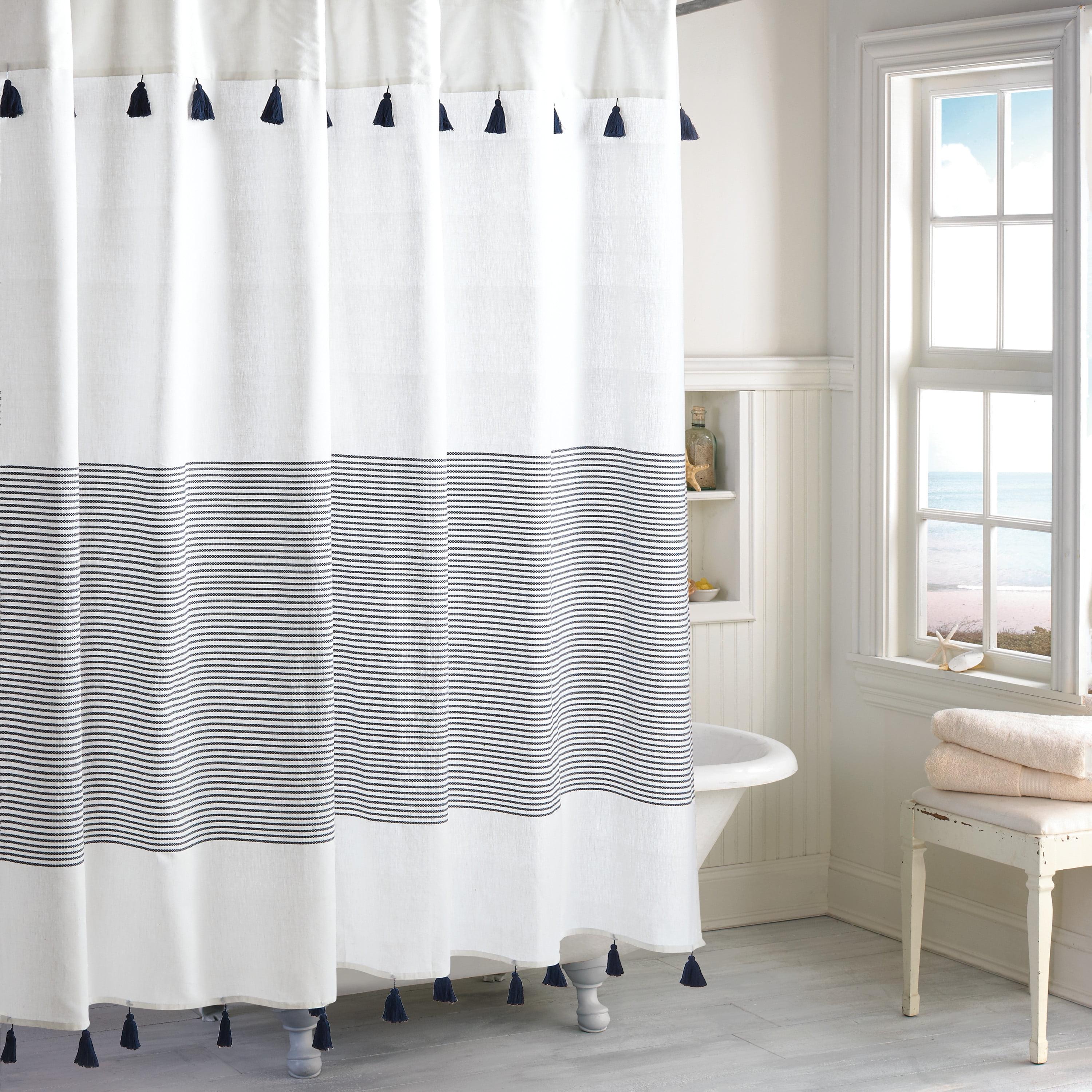 Navy and White Cotton Stripe Shower Curtain with Tassels