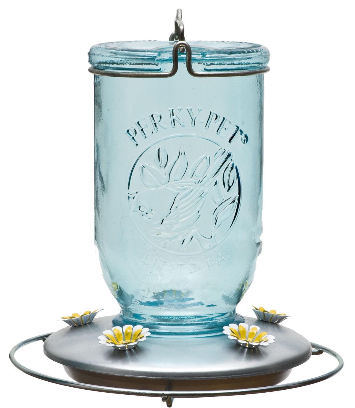 Blue Glass and Steel Mason Jar Hummingbird Feeder, 32 oz