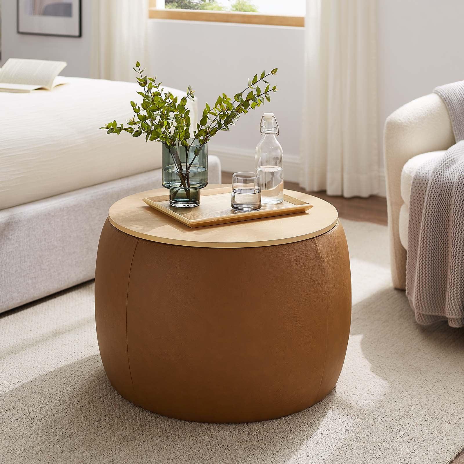 Modway Perla Round Vegan Leather Storage Ottoman in Tan