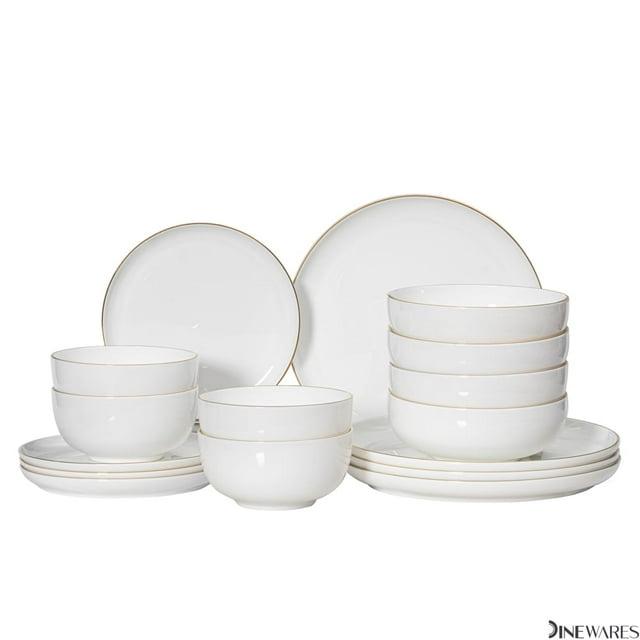 Dinewares White with Gold Rim Bone China Dinnerware Set - Service for 4, Includes Dinner Plates, Salad Plates, and Cereal or Soup Bowls