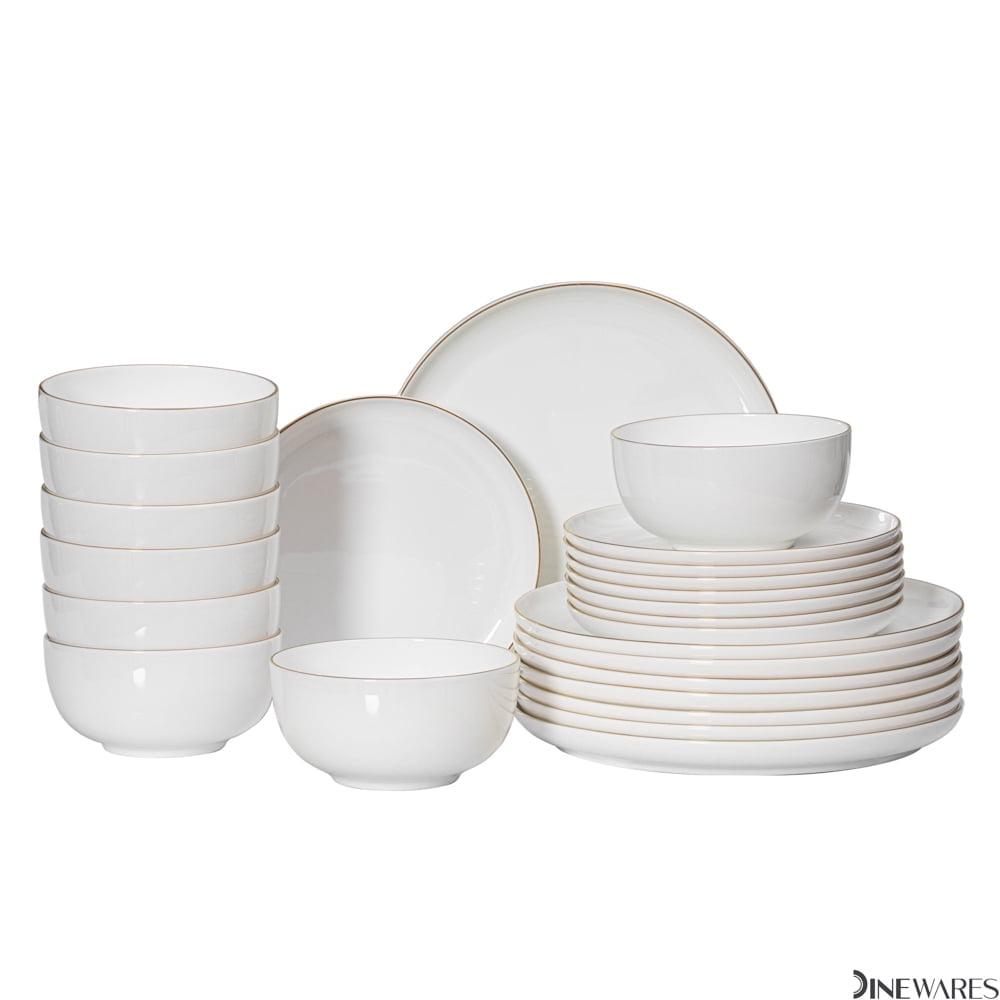 Dinewares White with Gold Rim Bone China Dinnerware Set - Service for 8, Includes Dinner Plates, Salad Plates, and Cereal or Soup Bowls