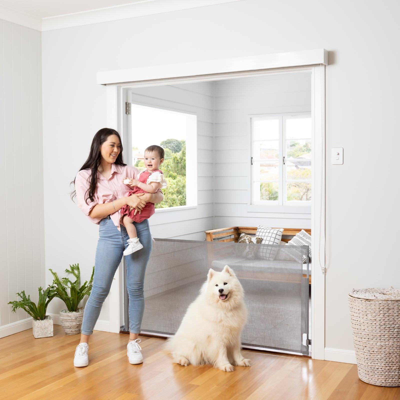 Gray Retractable Baby and Pet Gate with Mesh Fabric